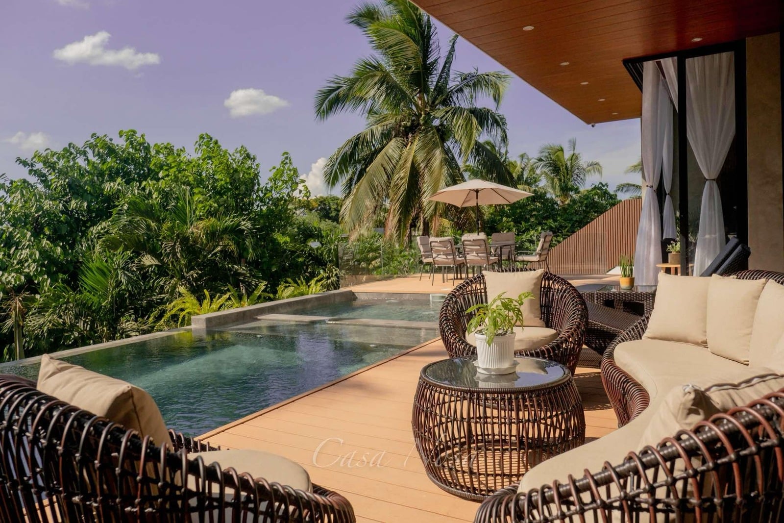 Infinity pool and rattan lounge deck under coconut palms