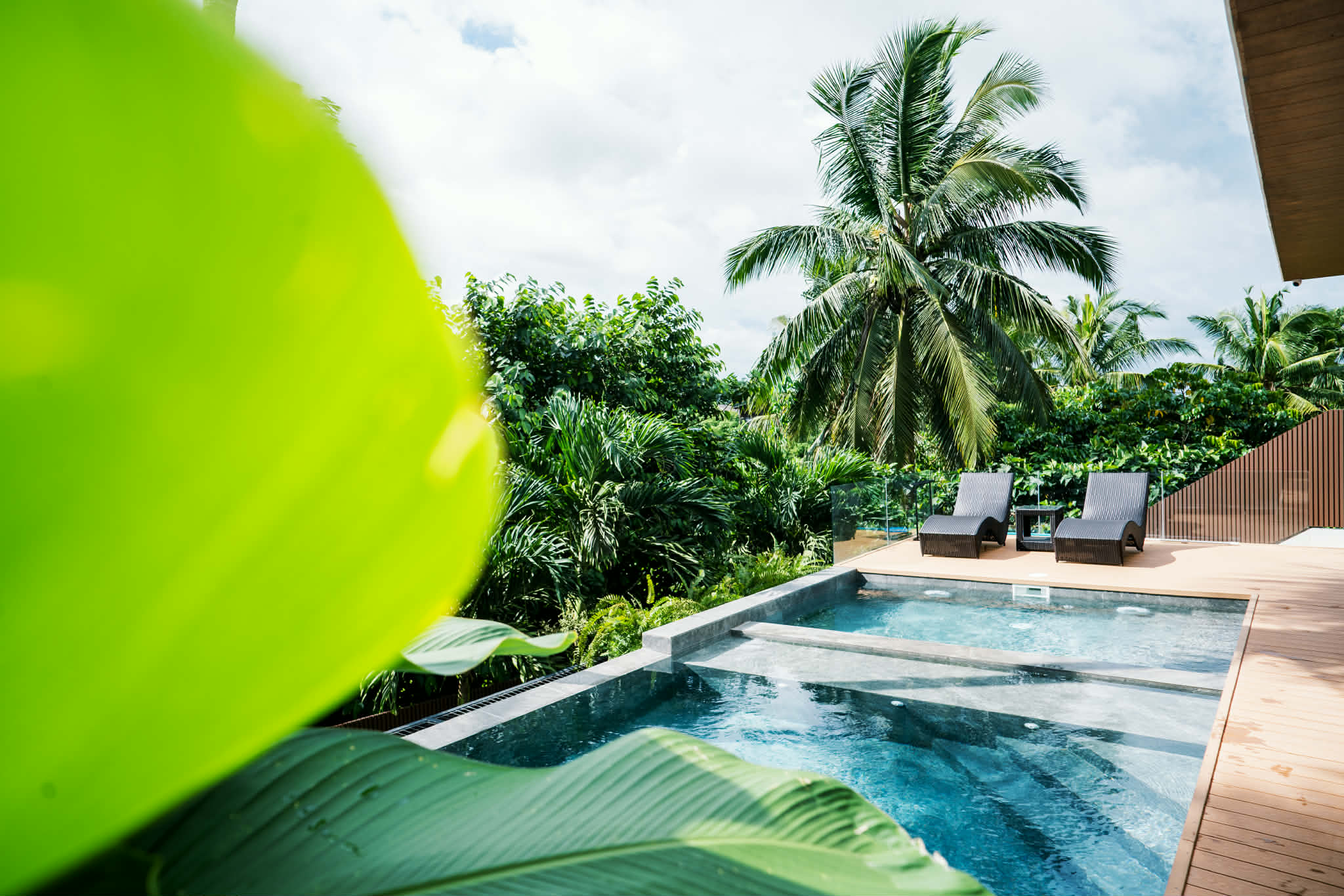 Jacuzzi ledge and pool framed by banana leaves, with sun loungers on the deck